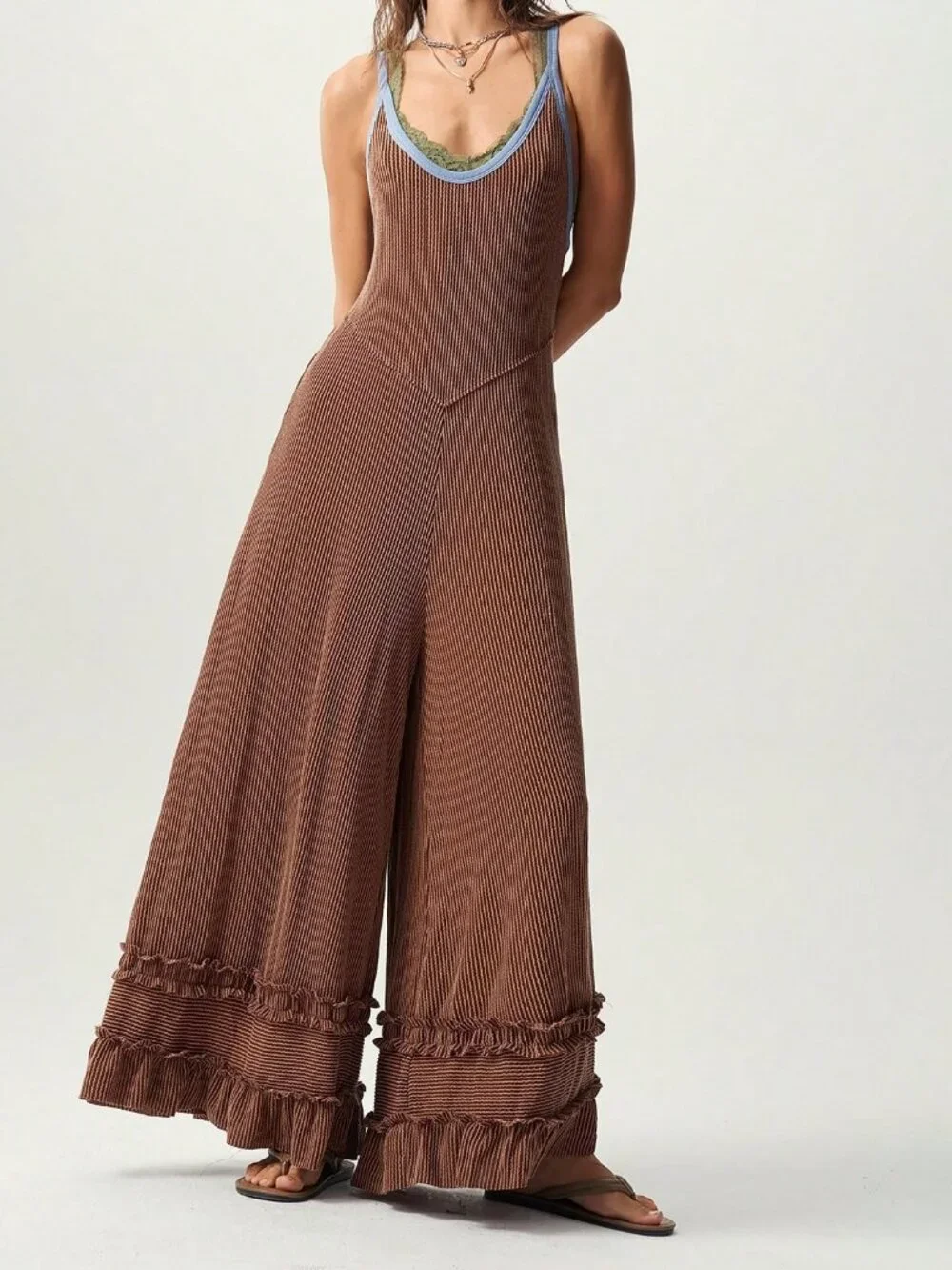 Chocolate Brown Sexy Women's Casual Knit Colorblock Jumpsuit